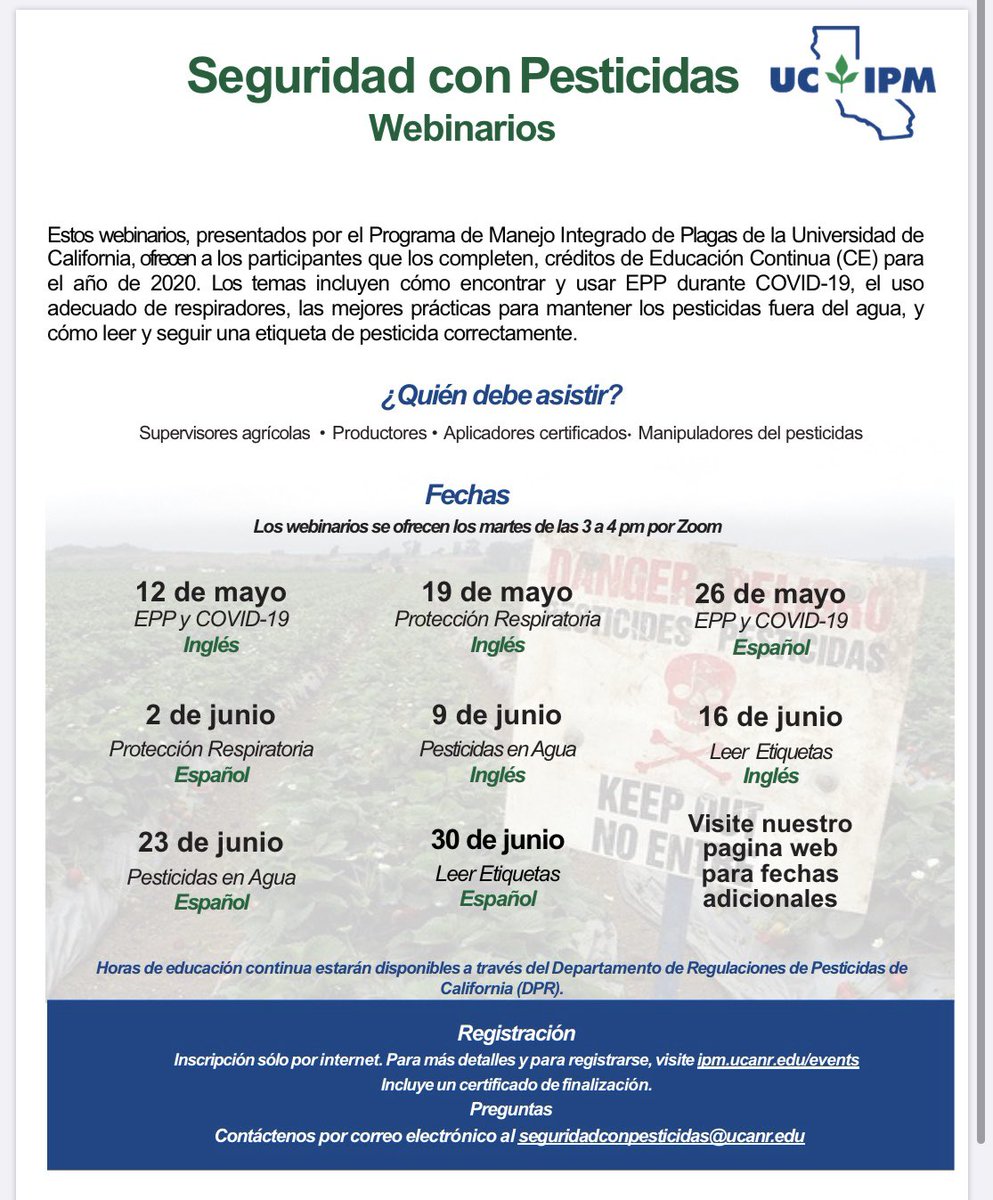 PSA⚠️ Fellow California PCAs/ANYONE who’s interested: <a href="/UCIPM/">UC Statewide IPM Program</a> is offering CE zoom webinars in English AND SPANISH (which is something we ALL should be doing if you ask me) ➡️ On May 12th they are covering PPE and COVID! Never thought I’d be so interested in a PPE update🤗