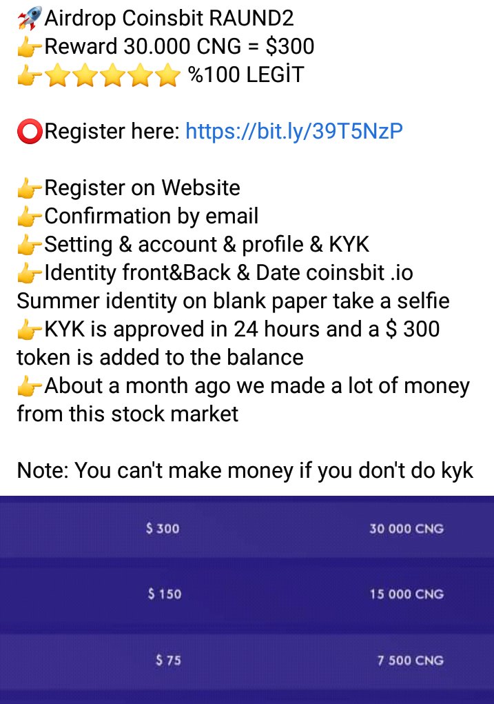 manssionx's tweet photo. 🚀Airdrop Coinsbit RAUND2
👉Reward 30.000 CNG = $300
👉⭐⭐⭐⭐⭐ %100 LEGİT

⭕️Register here: https://t.co/WHNjsDT9Ap
👇👇👇👇👇👇👇👇👇👇 https://t.co/pfcUiM0CXO
