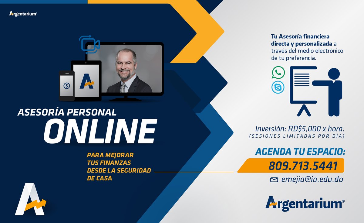 #Atención | Servicio de asesoría financiera personalizada por vía remota con Alejandro Fernández W, desde la comodidad de tu hogar.

- Inversión x hora: RD$5,000

Para más información, escribir al 809-713-5441 o vía correo emejia@ia.edu.do