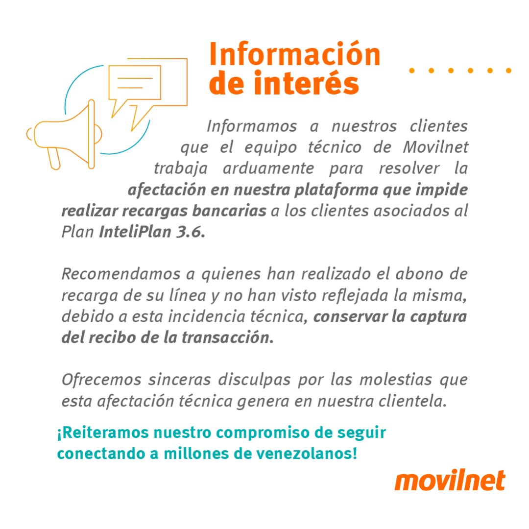 SomosMovilnet_'s tweet photo. #MovilnetInforma🚨| Trabajamos arduamente para resolver la afectación que impide realizar recargas a las líneas asociadas al plan Inteliplan 3.6, queremos ofrecer nuestras disculpas por las molestias causadas.

Reiteramos nuestro compromiso de seguir conectando a los Venezolanos. https://t.co/601YGyEKXT