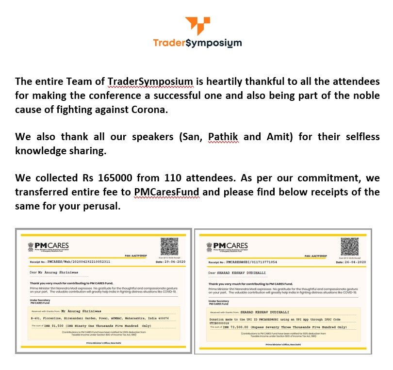tradersymposium's tweet photo. #TraderSymposium is heartily Thankful to all 110 attendees to make this conference a successful one. As committed, we transferred entire fee (₹165000) to #PMCaresFund.

Many Thanks to our speakers (@heartwon @Pathik_Trader @sanstocktrader) for their selfless #knowledge sharing. https://t.co/DtQQvUDuAd