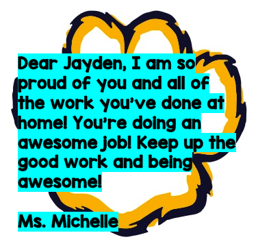 Cougar Call Out to Jayden in Ms. Michelle's Class! Keep up the great work! @MmaikisCES_FTPS
