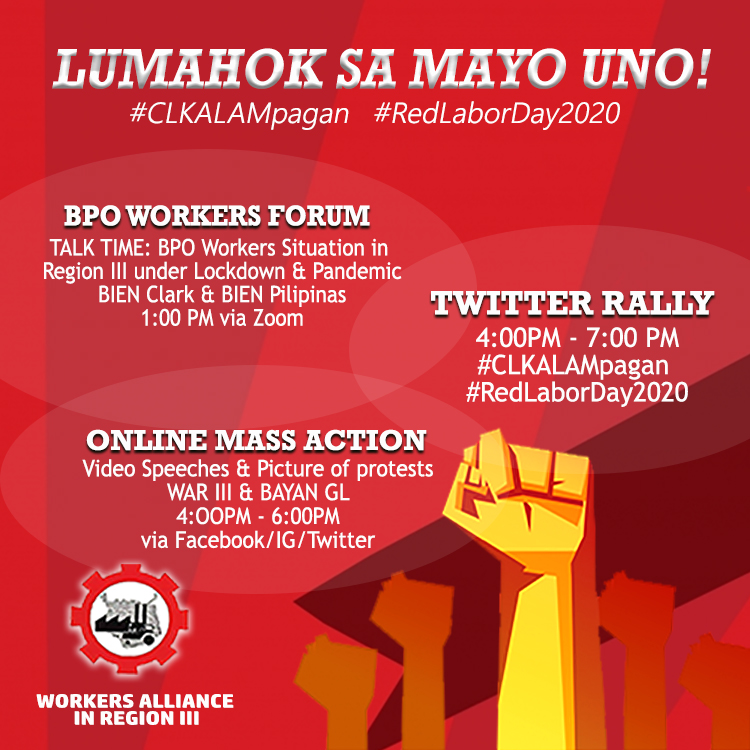 BayanGLOfficial's tweet photo. 📢‼️LUMAHOK SA MAYO UNO! ‼️📢
#CLKALAMpagan #RedLaborDay2020
Sa gitna ng lockdown, patuloy ang protesta ng mga manggagawa at mamamayan sa Gitnang Luson! Maglulunsad ng online mass actions ang WAR III bukas para paalingawngawin ang ating mga panawagan sa social media! https://t.co/aacN09STej