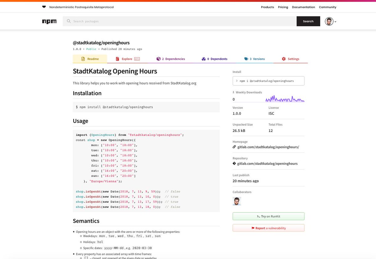 botic's tweet photo. Noch eine aktualisiertes Package inkl. TypeScript-Support für den @stadtkatalog. Damit kann man die Öffnungszeiten schnell auslesen und verwenden. https://t.co/JTLa9RqSBH https://t.co/ScNFCK4yaG
