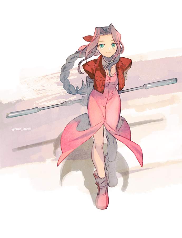 aerith gainsborough 1girl solo dress pink dress braid cropped jacket ribbon  illustration images