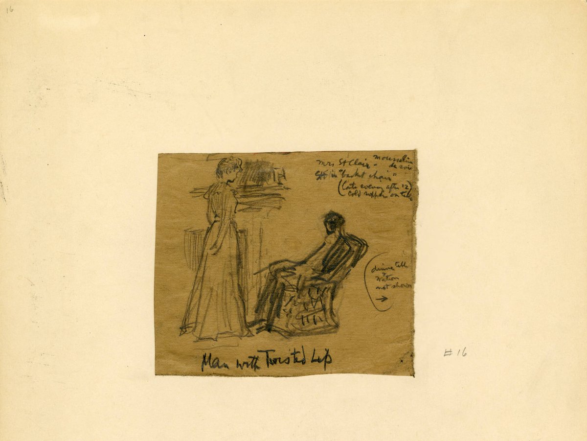 It's always interesting to see work in progress  @SherlockUMN  @umnlib. Here FDS gives us a very preliminary sketch from "The Man with the Twisted Lip." There's one comment in the upper right corner we can't quite make out. Care to offer a thought? Be well!  http://purl.umn.edu/99040 