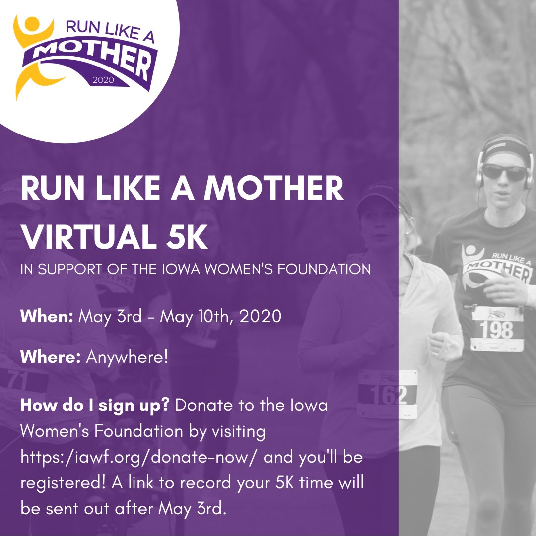 UNI_WiB's tweet photo. Looking for a way to pass the time in quarantine? We have the perfect solution! Participate in the virtual Run Like a Mother 5K by running or walking a 5K anytime and on any route you would like between May 3rd - May 10th, 2020 and record your time. Happy running! 🏃🏽‍♀️ https://t.co/0tk3NxNMZM