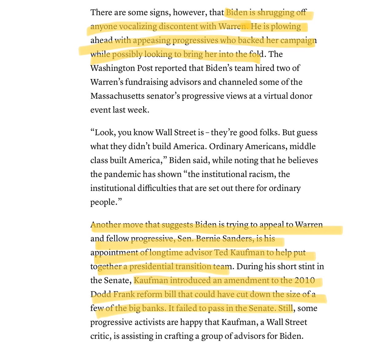 Ignore the headline in this piece and check the details. The idea of Warren on the ticket is increasingly gaining traction as Biden is shrugging off Wall Street pressure in close door meetings and boosting progressive personnel in his team   https://www.cnbc.com/2020/04/30/donors-pressure-joe-biden-to-not-pick-elizabeth-warren-as-vp.html