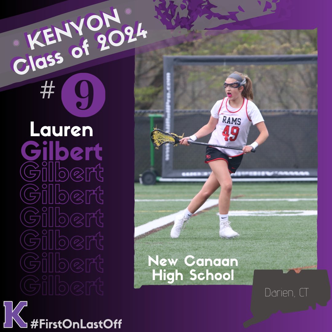 KenyonWLAX's tweet photo. 💥Coming in as #9, we are pleased to welcome Lauren Gilbert to our KCWL family! She is a defender from New Cannan, CT! 💥 #firstonlastoff #welcome #kenyoncollege #kcwl https://t.co/dnkkH4lEu9