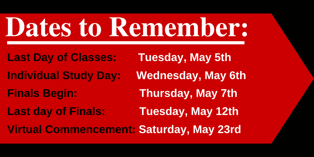 ttu_sds's tweet photo. As the semester comes to a close, here are some important dates to remember!
.
#ttusds #studentdisabilityservices #disabilityservices #finals #ttu #texastech #texastechuniversity #commencement #graduation #studyday #lastdayofclass #datestoremember https://t.co/C16aiZrwzF