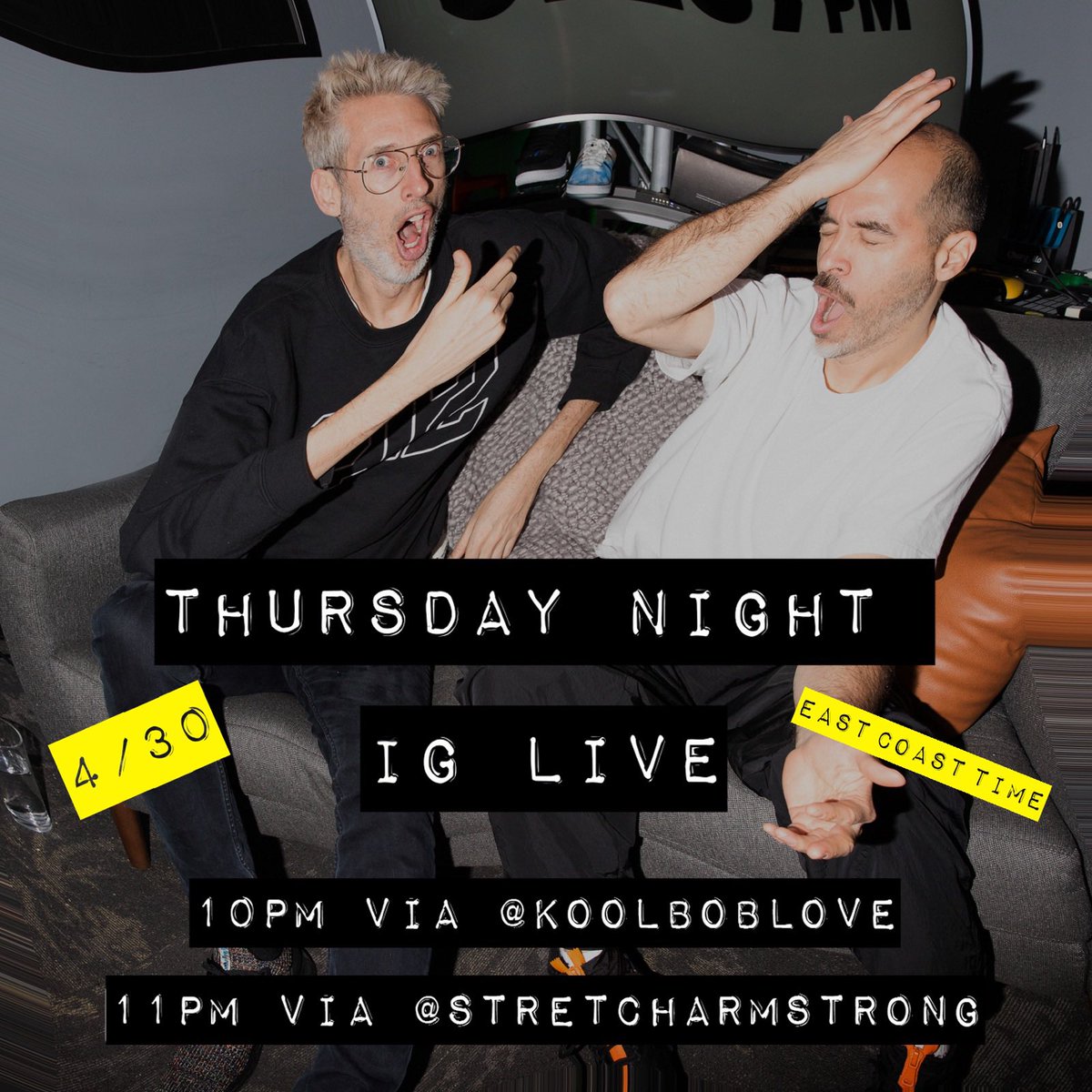 Tonight 4/30 <a href="/StretchandBob/">StretchandBobbito</a> are back at it. 10pm to midnight (EST) on IG Live.

10pm via <a href="/koolboblove/">BOBBITO GARCIA</a> 
11pm via @ stretcharmstrong 

Music, live calls, and the best comments anywhere.