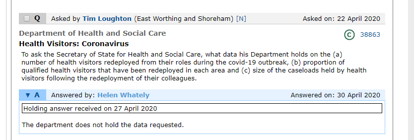 first1001days's tweet photo. Today @Helen_Whately revealed that @DHSCgovuk DOES NOT have data on health visitor redeployment. How can government create a "comprehensive lockdown exist plan" when it doesn't know whats going on in vital services? 

@iHealthVisiting @Unite_CPHVA @denis_campbell https://t.co/9B35xAeKXj