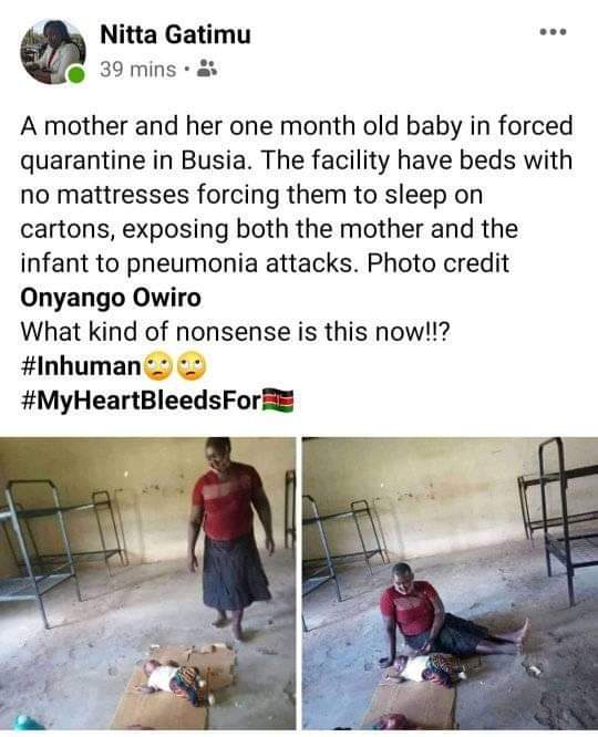 OleItumbi's tweet photo. THREE Pictures, the summary of our story. President Kenyatta sends flowers to celebrate @NHSmedical workers. SECOND Picture, Kenyan Police teargas Kenyan Medical workers. Picture THREE, a mother &amp; child in Western Kenya forced into Quarantine in a room without beddings! #COVID19 https://t.co/u2EepiQAzL