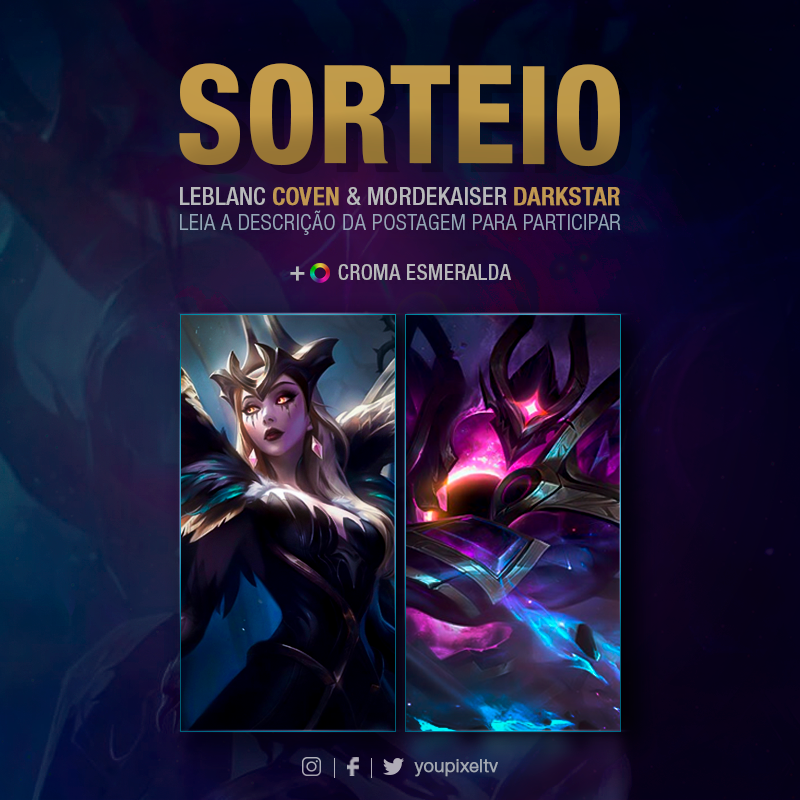 Gente, vou fazer 2 sorteios das skins Leblanc Coven e Mordekaiser DarkStar aqui. Pra participar é só:

-Seguir o perfil aqui
-RT
-Macar 1 amigo por resposta

O sorteado leva 1 e o amigo leva a outra, briguem entre si pra decidir quem fica com qual.

Tem outro #sorteio lá no face.