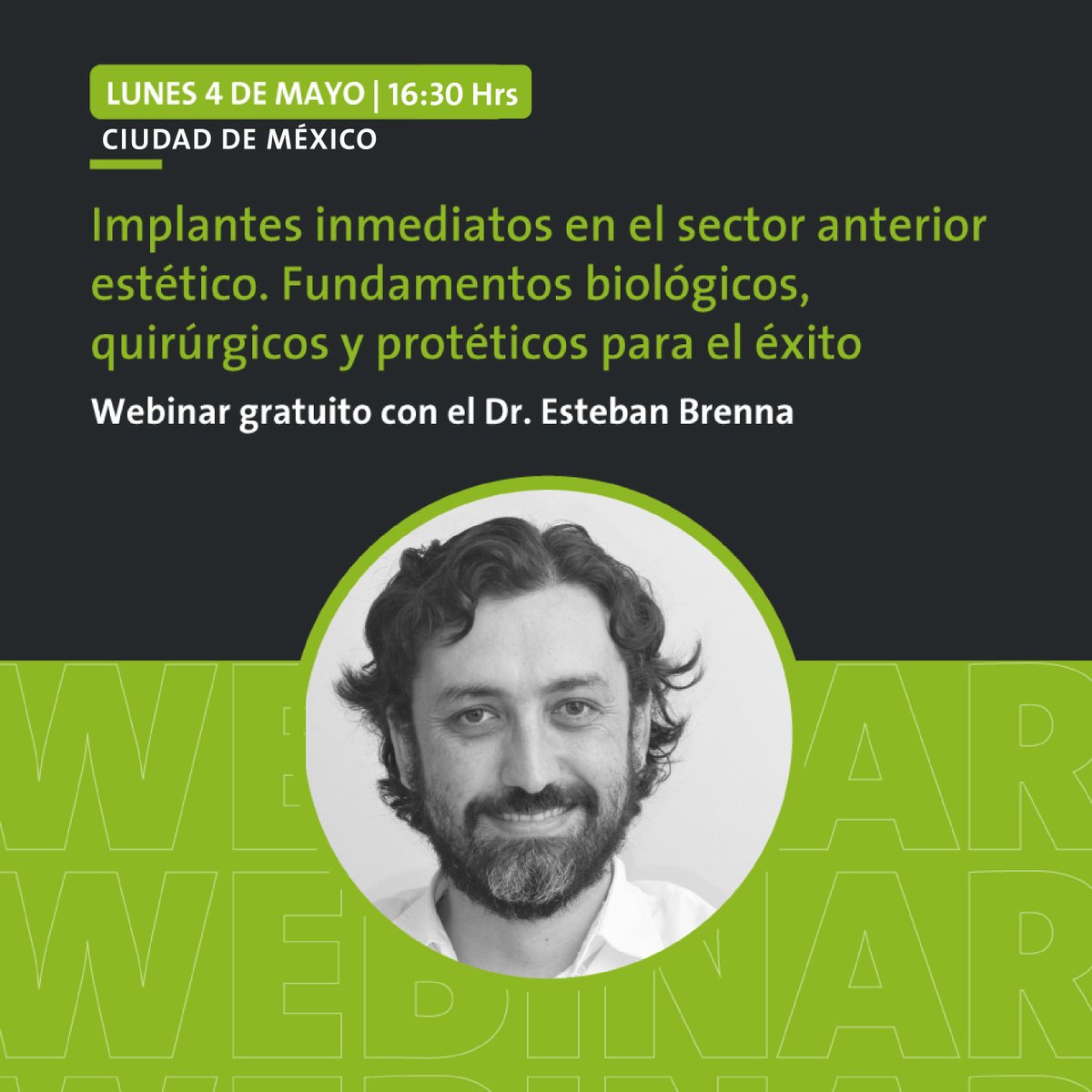 StraumannMX's tweet photo. Te invitamos a la próxima webinar del Dr Esteban Brenna, lunes 4 de Mayo a las 16:30pm a través de Zoom, quien nos estará hablando sobre “Implantes inmediatos en el sector estético”.
 ¡No te lo pierdas! ➡️💚 https://t.co/cWqFzSoJHB

#TimeForEducation #TogetherStrong #Straumann https://t.co/CBZQIoPjhv