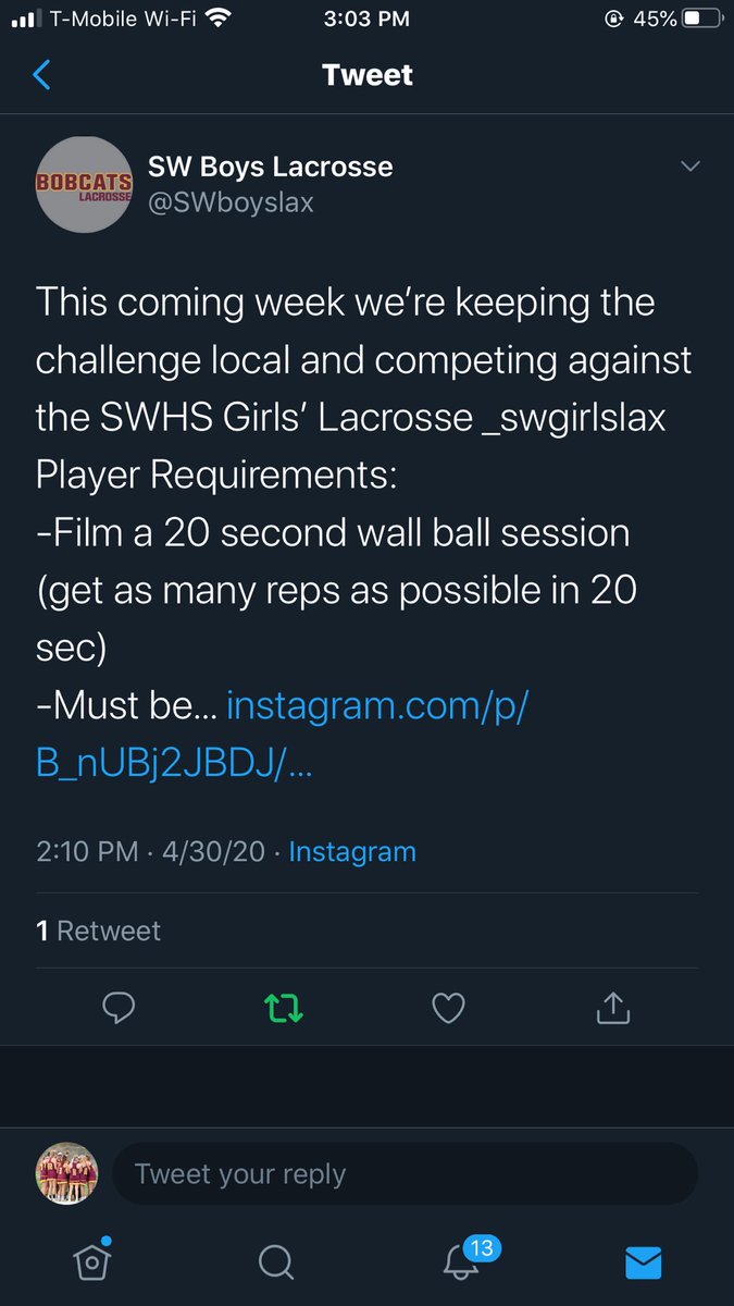 Check out either the girls or boys lax intagram page for the WALL BALL CHALLENGE <a href="/SWboyslax/">SW Boys Lacrosse</a> Submit by May 7th @ 1pm !!