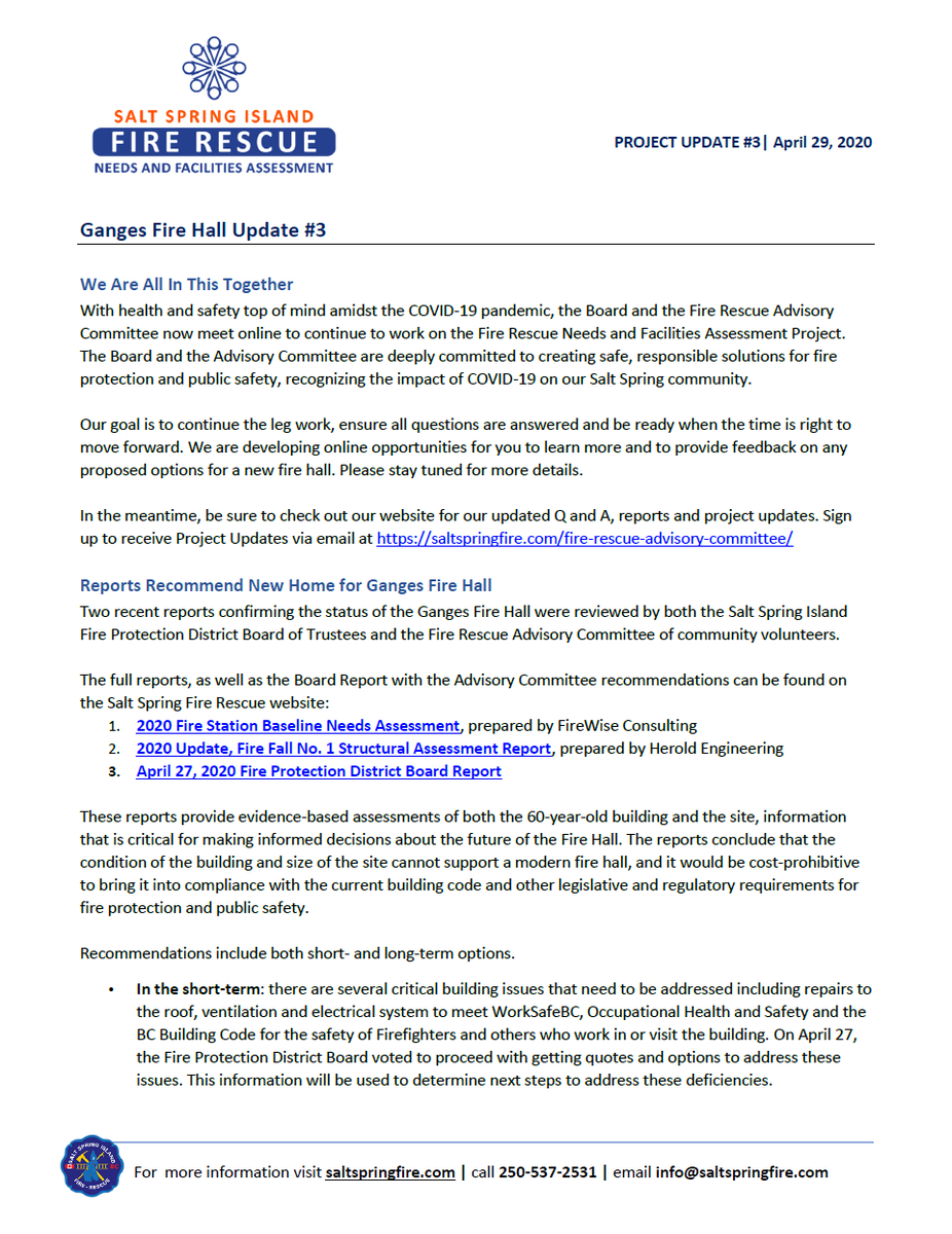 1/2 With health &amp; safety top of mind during COVID-19, our Board &amp; Fire Rescue Advisory meet online to work on the Fire Rescue Needs &amp; Facilities Assessment Project. We are deeply committed to creating safe, responsible solutions, recognizing the impact of COVID on our community.