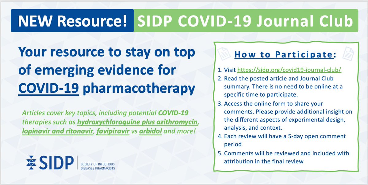 SIDPharm's tweet photo. We're excited to introduce a new article review resource, The SIDP #COVID19 Journal Club, designed to help you stay on top of emerging evidence for #COVID19 pharmacotherapy. For more information, please visit our website: https://t.co/6MvnzGScnm https://t.co/f3RT0eHj6q