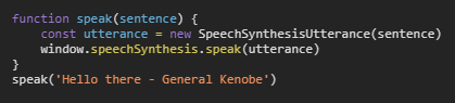 pickeringacw's tweet photo. Did you know you can make your browser speak? Check out speech synthesis on MDN!

#100DaysOfCode #javascript https://t.co/XEJ2IviBQg
