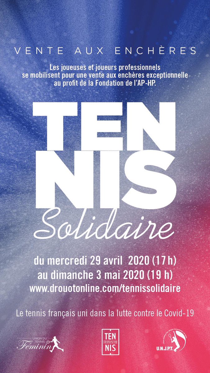 Le tennis français se mobilise pour la fondation des hopitaux de Paris AP-HP à travers une vente aux enchères. Une centaine de lot sont proposés... ⁦<a href="/FFTennis/">FFT</a>⁩ ⁦<a href="/unjpt/">Unjpt</a>⁩ ⁦<a href="/ProElleTennis/">Pro Elle Tennis</a>⁩ #tennissolidaire #tennisfrancais