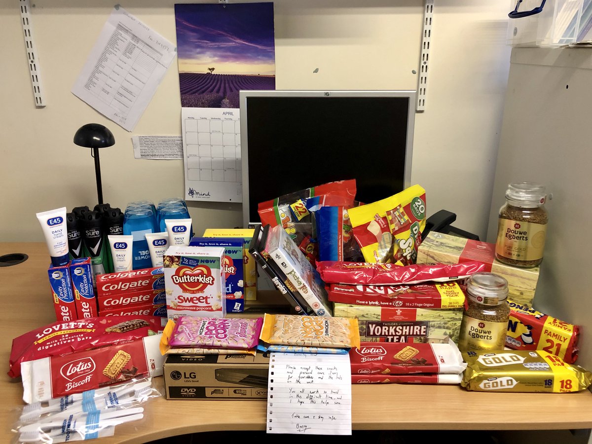 A lovely gesture for the team and residents at Bramley Street.  
Treats, toiletries and everything needed for a movie night (a new DVD player, popcorn and films) 🙌😀🙌
"Thank you Barry for all the treats from all of us at Bramley street" (spot the rhyming couplet) #TogetherGMMH