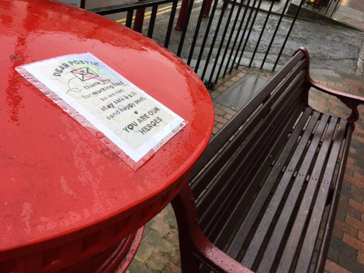 HardingDebs's tweet photo. And so for today’s bench. Seen on way back from soggy trip to post office to dispatch a parcel - this bench with, appropriately, adjacent pillar box and lovely ‘Thank you postie’ message stuck to the top. Absolutely #thankyouposties https://t.co/qTQqG2lfbn