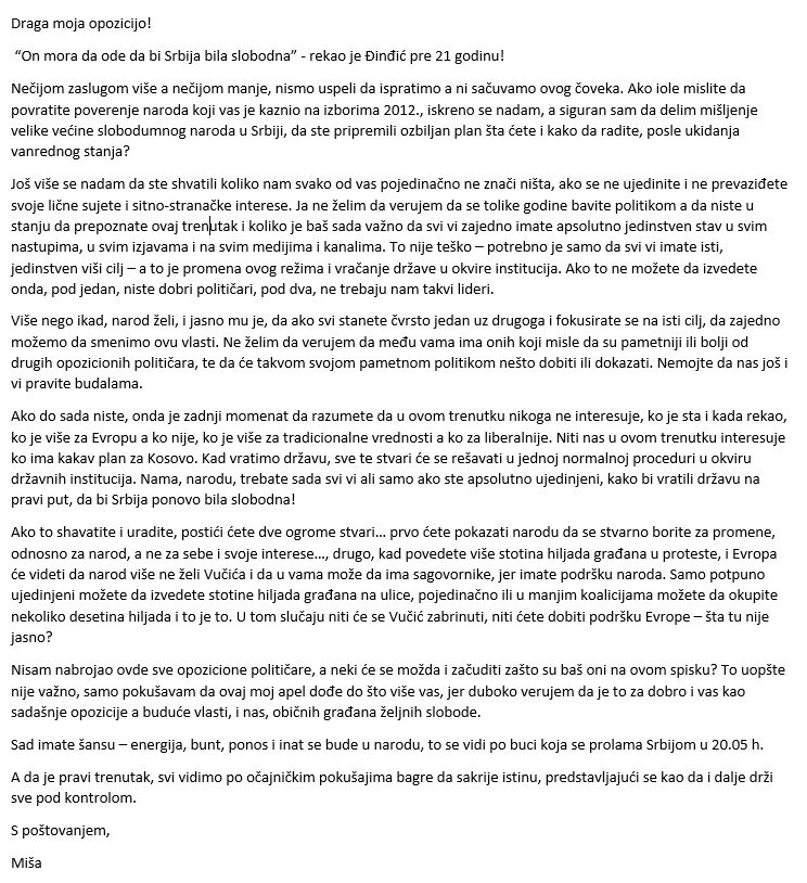 mmadjarac's tweet photo. @BorisTadic58 @BorkoStef @DraganDjilas @gradonacelnikSa @Sergejtrifunovi @BoskoObradovic @ZoranLutovac @Jeremic_vuk @nedavimobgd @ZoranDirektno
Apel opoziciji, građanina kome je dosta ovog zla oko nas i koji se nada da je sad taj trenutak da to zajedno promenimo.
 
Molim RT https://t.co/fT9TvHCbO0