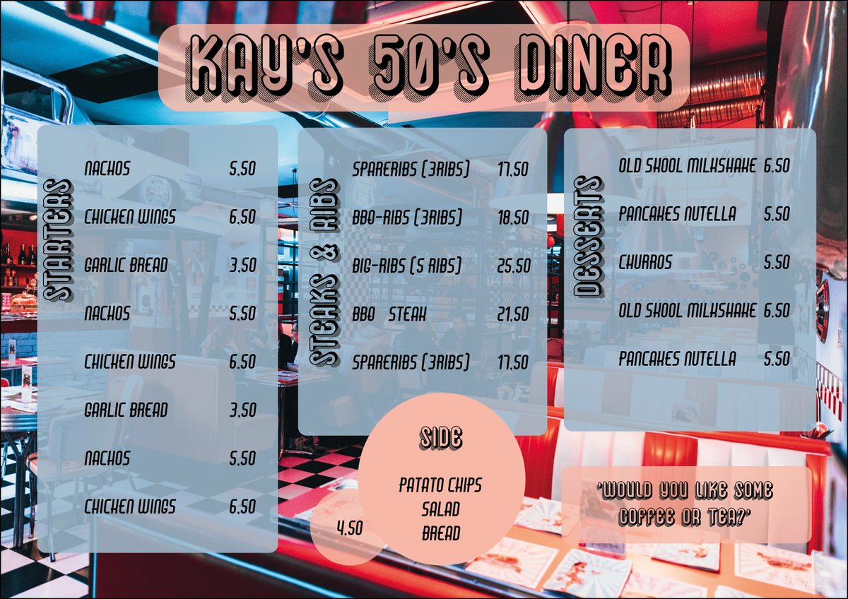 artandthecity's tweet photo. Cursiste Kayleigh Bolink ontwierp een rock-and-roll menukaart bij de cursus InDesign die ze digitaal volgde bij docent Attalan.
Meer lezen?
https://t.co/DTA1T6INox
#menukaart #grafischdesign #grafischontwerp #onlinecursus https://t.co/1PSN9yPeRh