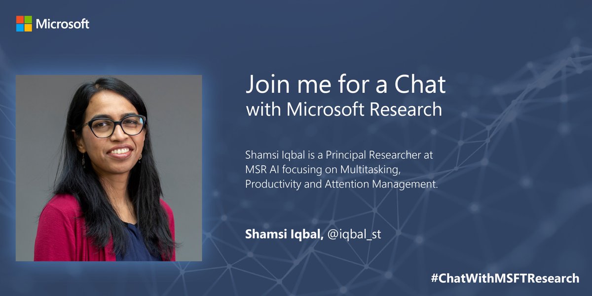 iqbal_st's tweet photo. Join the #ChatWithMSFTResearch conversation today at 10 AM PT on Visualization, Productivity and Software Engineering. I'll be there to answer questions on Productivity, Multitasking and more, with my colleagues @TeddySeyed @barik @GonzaloWorks @sdrucker @jakehofman https://t.co/DdLJ6q2h3f