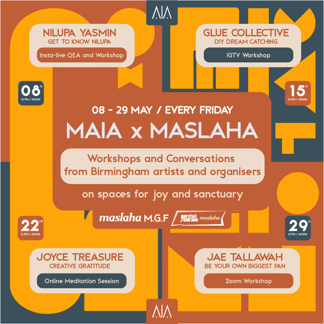 Maslaha's tweet photo. Taking place across IG, Zoom &amp; Youtube, check out the full programme , featuring Nilupa Yasmin, @NilupaYasmin_  The Glue Collective @gluecollective  Joyce Treasure @joycetreasure &amp; Jae Tallawah @artheauxxx  #HealthyRamadanLockdown https://t.co/SDrGtdvkO5