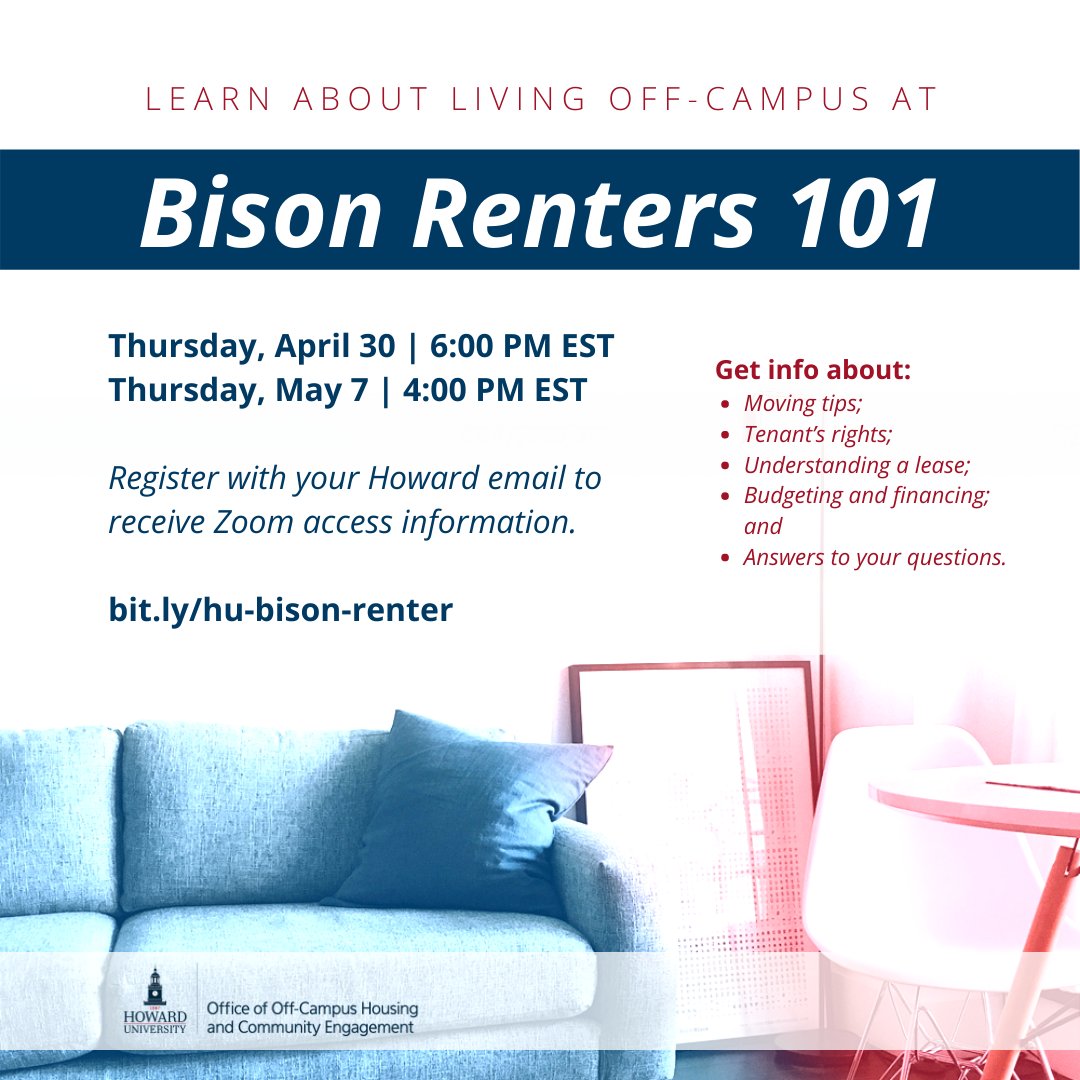 HUStudentAffair's tweet photo. Join us for Bison Renters 101, the first in a series of virtual sessions from @HUOCHCE!

Thursday, April 30 | 6:00 PM EST

Register with your Howard email for the Zoom access info.

https://t.co/B7VfAWNmU5 https://t.co/nod9l1s1Yb