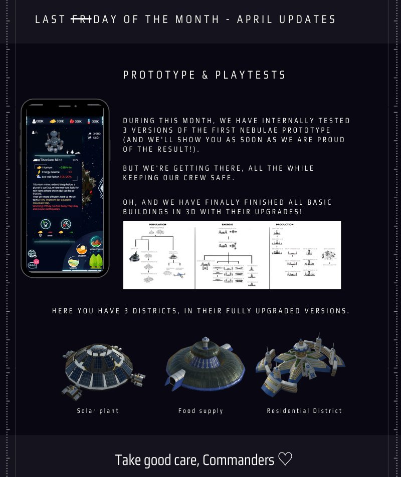 PlayNebulae's tweet photo. Last day of the Month - April #updates, ready, set, go!
April has been the continuation of our adventure, as we finalized the game design for #planetmanagement, and turned our eyes towards the #Galaxy!
Answer the form to join the playtests 📋 https://t.co/yGwGSvN3eM 📋 https://t.co/zv7RmVxPER