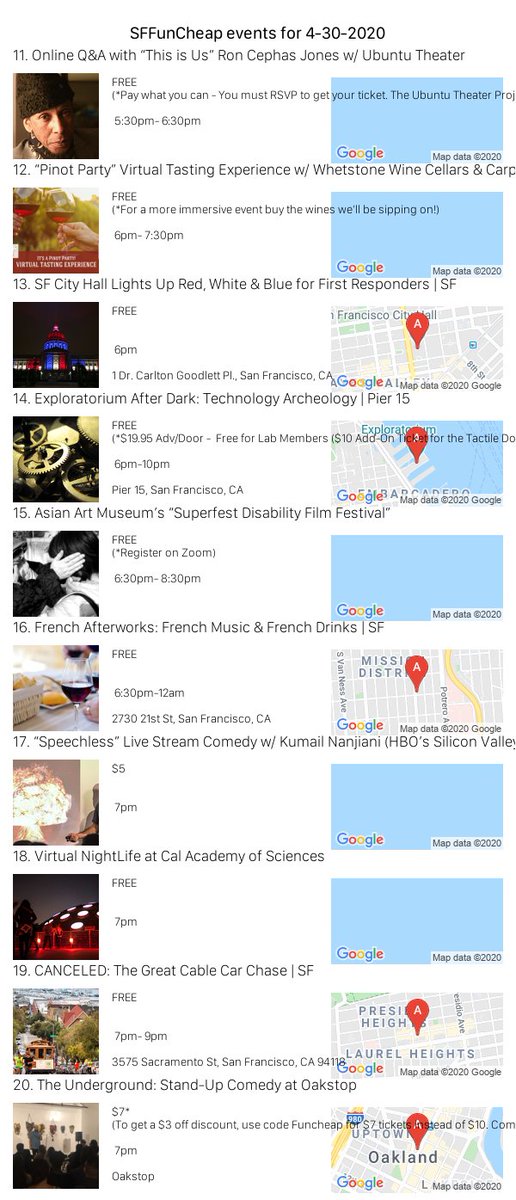 sffuncheap's tweet photo. Events for Thursday 4/30/20 https://t.co/gZhXRk3C3S #sffuncheap https://t.co/zlTZqyglbs
