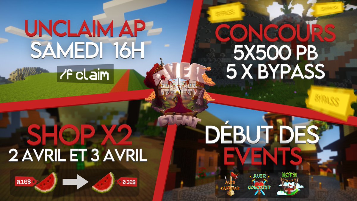 AverFight's tweet photo. ⚠️ANNONCE⚠️

Nous sommes fiers de vous annoncer que l'unclaim des AP's se fera le samedi 2 Mai à 16h. 

Par ailleurs, pendant tout le week-end, SHOP x2 et... arrivé des EVENTS !😉

🎁Pour fêter ça, on vous fait gagner 5x500 PB et 5 BYPASS !

▶️#RT &amp; #FAV 
▶️Follow @AverFight https://t.co/sIyfPgYCbA