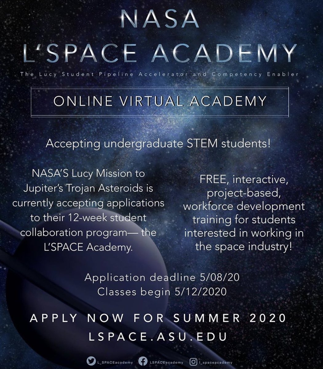 L_SPACEProgram's tweet photo. Are you an undergraduate STEM student in the US looking for an online, engaging, team-based, interactive, and inspiring #workforcedevelopment program this summer?  Applications are open until May 8th and spots are limited.  APPLY TODAY! #NASA #STEMatHome https://t.co/CONmlSx3M7