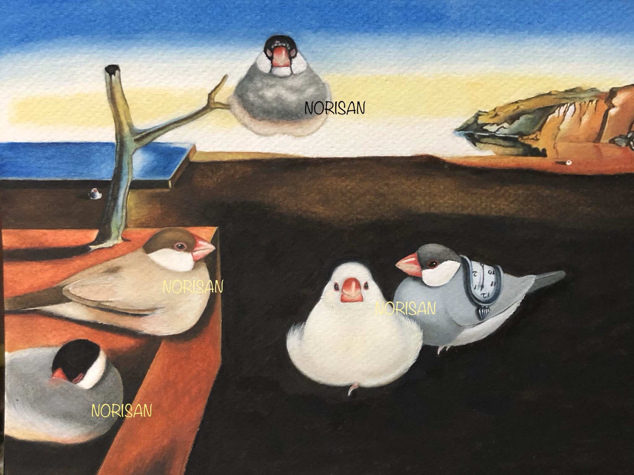 Norisan 鳥マルセイユタロット とりあえず完成しました サルバドール ダリ の 記憶の固執 をオマージュした作品 記憶の文鳥 仮 使用画材はホワイトワトソンボード ガッシュ 水彩色鉛筆です Buncho Norisan Illustration T Co