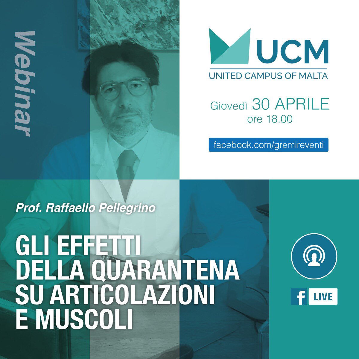 info_di's tweet photo. ➡️ 🔝 Oggi alle 18.00 webinar gratuito in diretta FB, Prof. Raffaello Pellegrino, fisiatra interventista, ecografista e specialista in terapia del dolore tratterà la tematica degli effetti della sedentarietà da quarantena su #muscoli e #articolazioni 
https://t.co/w8gYafpk4N https://t.co/dGIMlrGAFc