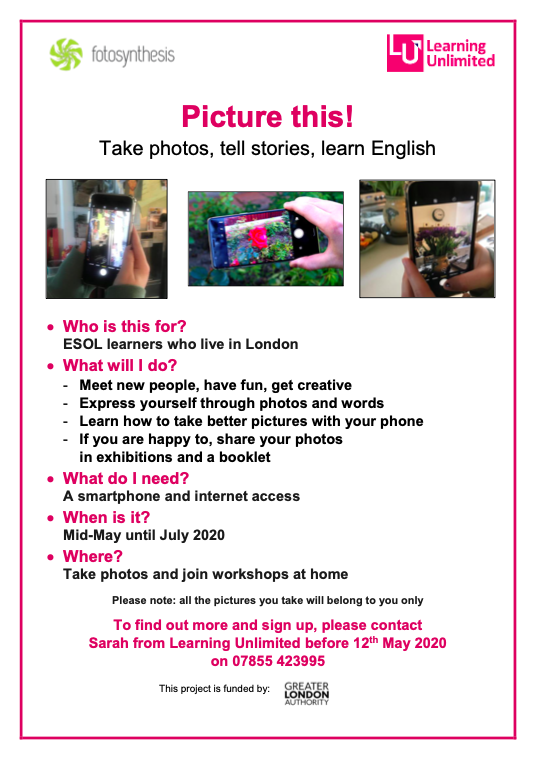 FotosynthesisUK's tweet image. Call for ESOL learners volunteers in LONDON, UK, to take part in an amazing creative ONLINE free educational project of learning English through photography with LearningUnlimited #learningthroughphotography #ESOL #volunteers