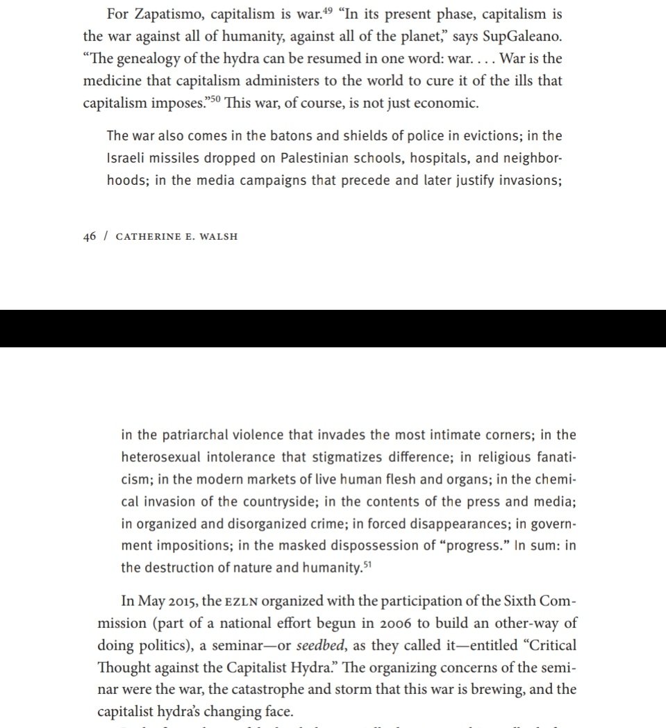 "For Zapatismo, capitalism is war ... The war also comes in the batons and shields of police in evictions; in the Israeli missiles dropped on Palestinian schools ... in the masked dispossession of “progress.” In sum: in the destruction of nature and humanity"