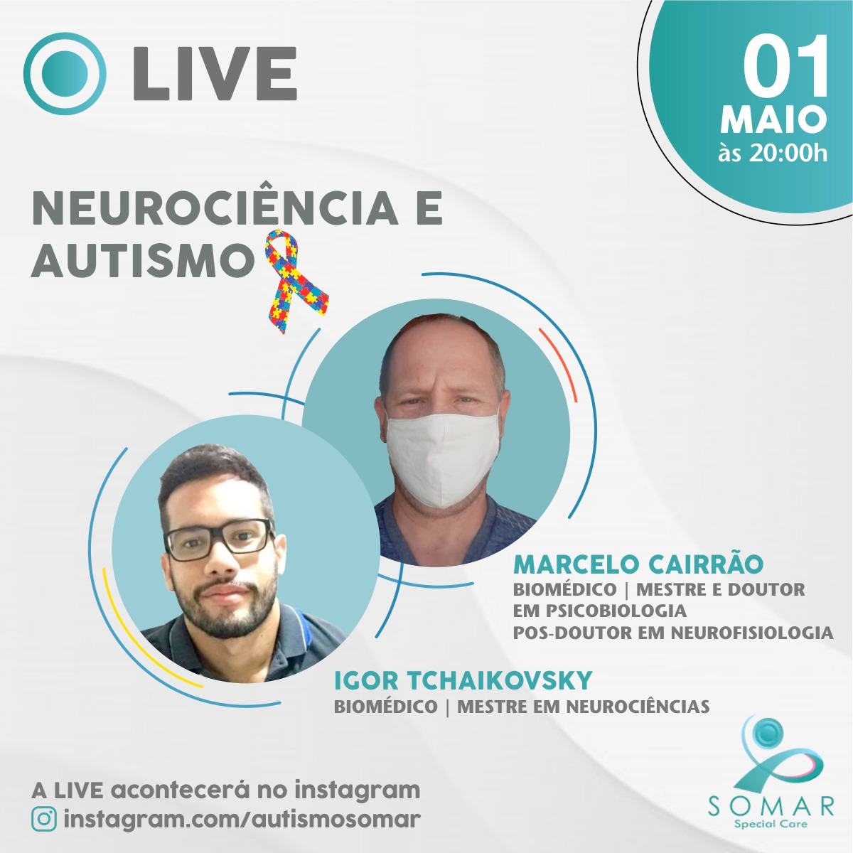 AutismoSomar's tweet photo. Amanhã, dia 01/05 às 20h, faremos uma LIVE com MARCELO CAIRRÃO junto com IGOR TCHAIKOVSKY, conversando sobre: TUDO SOBRE A NEUROCIÊNCIA E AUTISMO, E COMO APROVEITAR EM NOSSO DIA A DIA.

A LIVE será no Instagram da Somar: https://t.co/ae4UFj55it

#autismo #neurociência https://t.co/SNz6CrzI1N