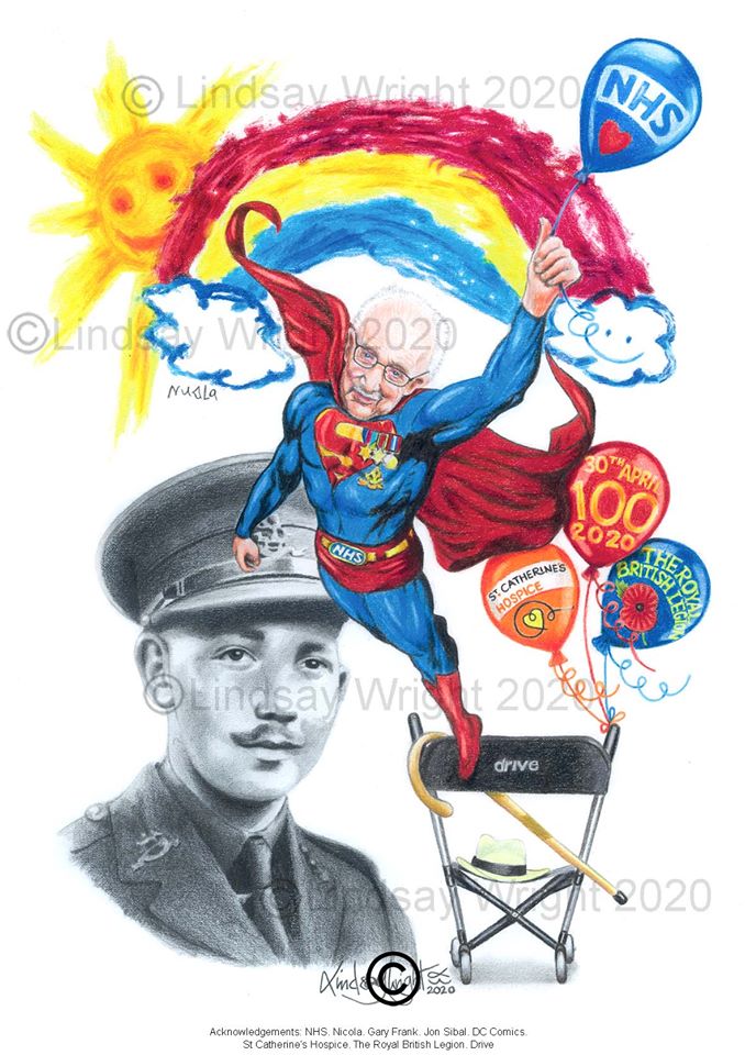 StCHospice's tweet photo. Lindsay, a @hearttrailuk artist, has gifted Captain Tom Moore this incredible drawing for his 100th birthday  🥳  Fancy having your own print? Buy online here -https://t.co/SzVCOKMfmC &amp; raise funds for our hospice &amp; other local charities 🧡 Thank you Lindsay - We love this! 😀 https://t.co/Og6jbZpDkI