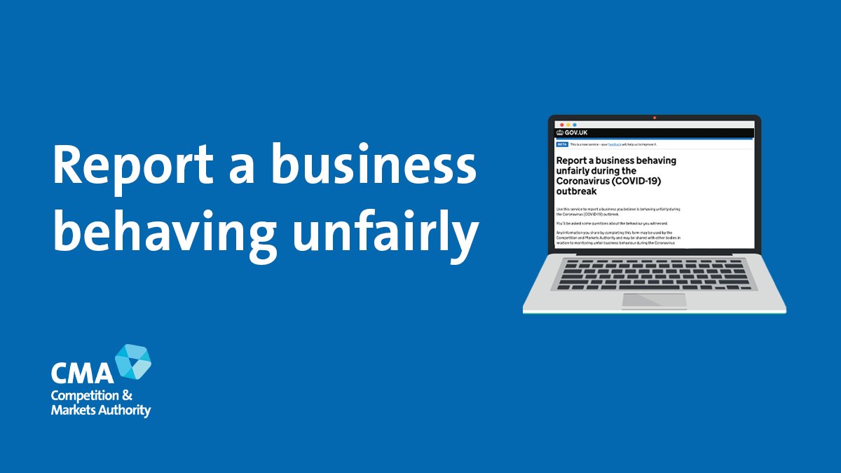 If you’ve seen a business behaving unfairly during the #coronavirus outbreak, you can report it to us.  

Use our online form 👉 ow.ly/IP7m50zt5t5