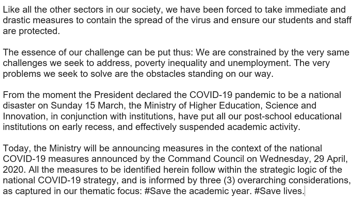 SAgovnews's tweet photo. FULL SPEECH| @HigherEduGovZA Minister @DrBladeNzimande on #COVID19 interventions in the higher education sector https://t.co/imYWqPj7Cl