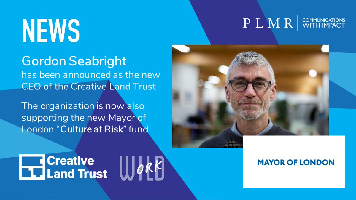 PLMRLtd's tweet photo. Congratulations to @GSeabright who has been announced as the new CEO of the @CreativeLandT! The Trust has more exciting news in that it will support the Culture at Risk Fund for artist studios & workspaces. https://t.co/aZJ9VZcLOL #emergencyfunding #WildWork #Funding https://t.co/eN9Xdt1ZTX