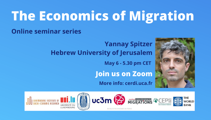cerdi (@cerdi) on Twitter photo Webinar: The Economics of Migration
May 6, 5.30 pm (CET): <a href="/YannayASpitzer/">Yannay Spitzer</a>, <a href="/HebrewU/">Hebrew University</a>,
will present "Like an Ink Blot on Paper: Testing the Diffusion Hypothesis of #MassMigration, #Italy 1876-1920" with <a href="/AriellZimran/">Ariell Zimran</a>
#econmig
Register here: bit.ly/2RVPBHD (Zoom) Webinar: The Economics of Migration
May 6, 5.30 pm (CET): <a href="/YannayASpitzer/">Yannay Spitzer</a>, <a href="/HebrewU/">Hebrew University</a>,
will present "Like an Ink Blot on Paper: Testing the Diffusion Hypothesis of #MassMigration, #Italy 1876-1920" with <a href="/AriellZimran/">Ariell Zimran</a>
#econmig
Register here: bit.ly/2RVPBHD (Zoom)