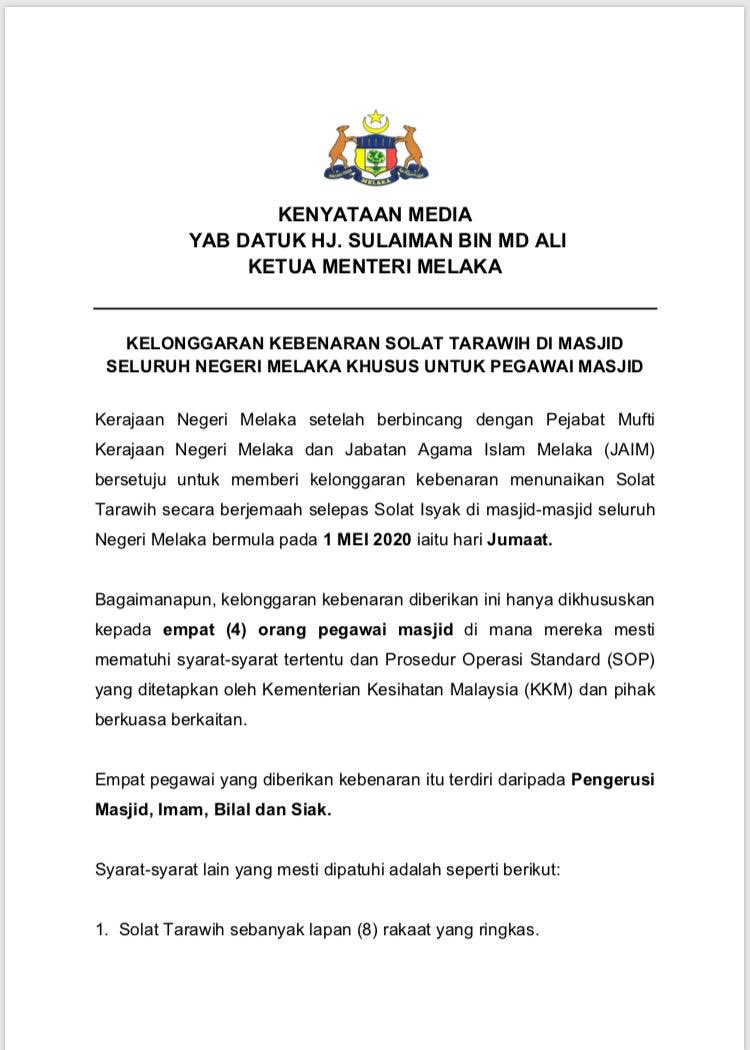 Jabatan Penerangan Negeri Melaka Twitter Da Kelonggaran Kebenaran Solat Tarawih Di Masjid Seluruh Negeri Melaka Khususnya Untuk Pegawai Masjid Japenmelaka Stayathome Https T Co Lmx7wjlty0