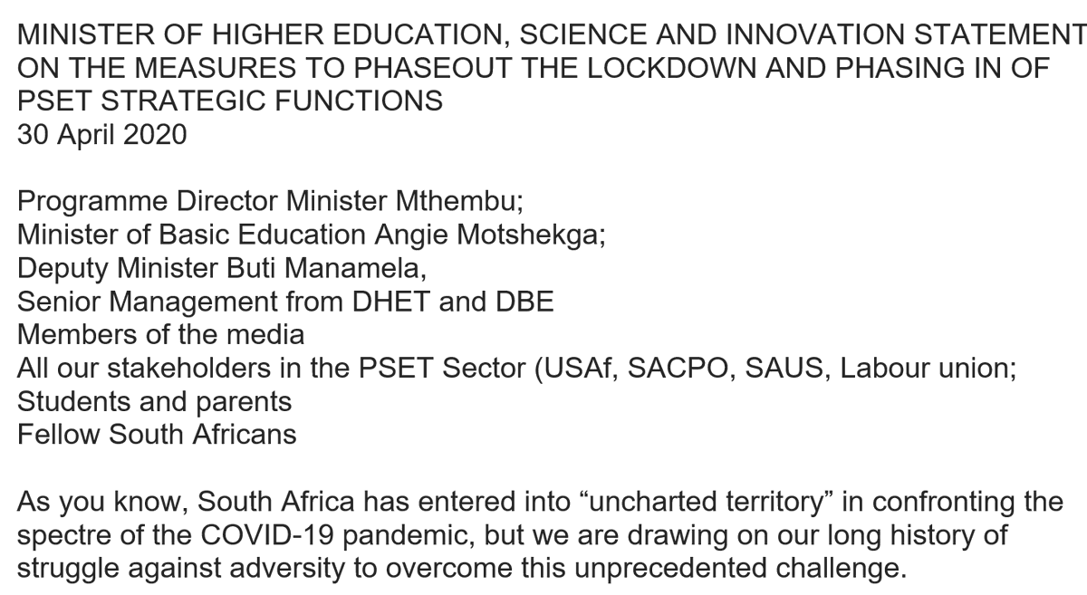 SAgovnews's tweet photo. FULL SPEECH| @HigherEduGovZA Minister @DrBladeNzimande on #COVID19 interventions in the higher education sector https://t.co/imYWqPj7Cl