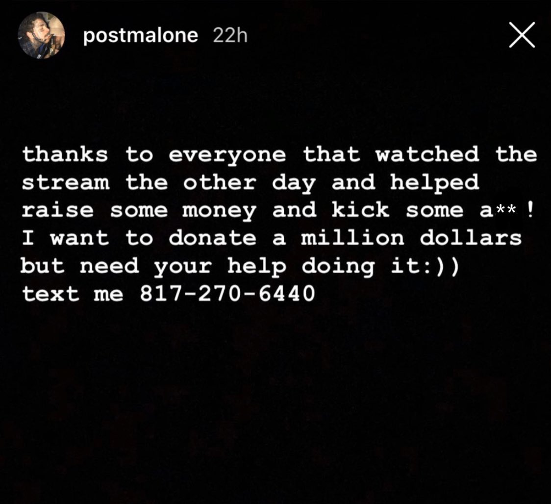 BIG987FM's tweet photo. Post Malone is giving away $1 Million to finance fan’s charity donations. All you need to do is text charities that you think deserve support!
.
#charity #donations #postmalone #postmalonelive https://t.co/hYrkdaFbEx