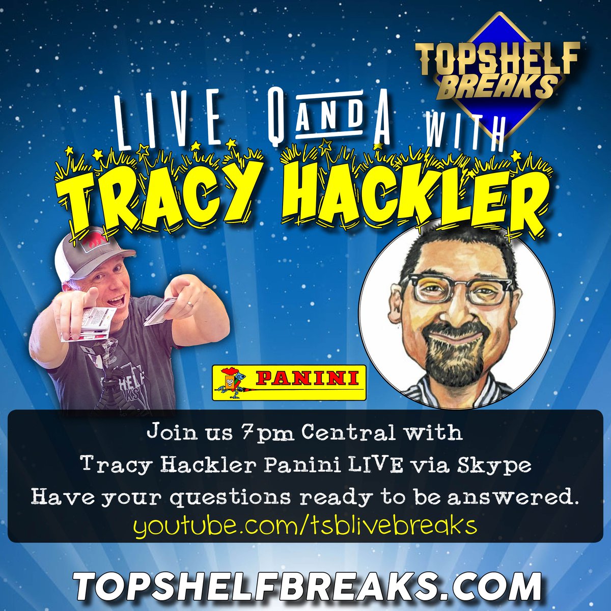 TopShelfBreaks's tweet photo. RT WIN free spot, 3 random teams in a special Box break live with TSB &amp; @PaniniAmerica  @TracyHackler 2nite. Join us at 7 Central at https://t.co/44479oipah to win your way in again. Visit https://t.co/v6kjtHwDYH for more chances to enter. #clickit2winit #TSBLive https://t.co/73ak1RARPl