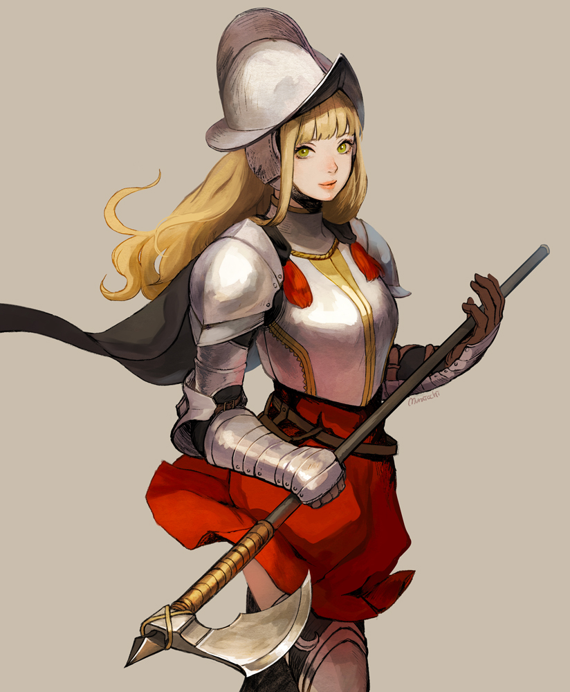 1girl armor blonde hair solo long hair weapon helmet  illustration images